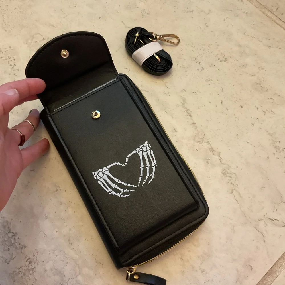 Forever Lovely, Design by Madley, Black Goth Skeleton Wallet/crossbody/cell ph